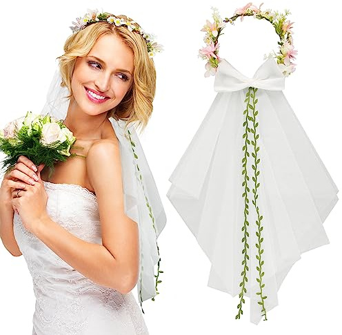 Couronne de Cheveux Fleur avec Voile Tulle de Mariée Blanc Bandeaux Guirlande Serre Tête Floral Artificiel Décoration Coiffure pour Fête Mariage Femmes Filles (Blanc)
