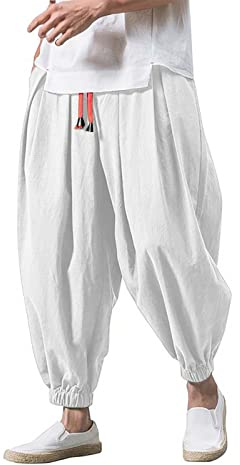 Pantaloni da uomo baggy, in stile harem/giapponese, in cotone e lino, con elastico in vita, pantaloni casual per il tempo libero, casa, yoga, lunghi, traspiranti, ampi, in taglie forti, bianco, XL
