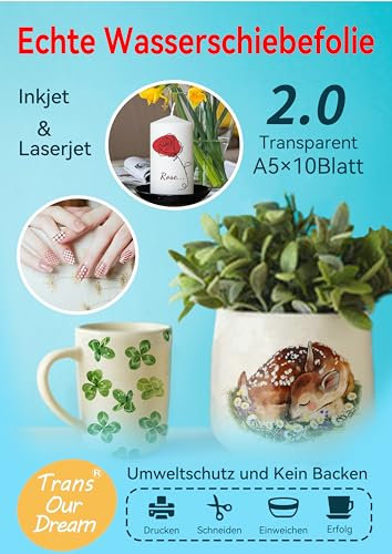 TransOurDream Upgrade Inkjet/Laser Wasserschiebefolie A5X10 Blatt, Abziehbild - Decalfolie,Nassschiebefolie für Spielzeugmodelle,Tassen,Keramik, Glas, Kunststoff(D-10-10-A5)