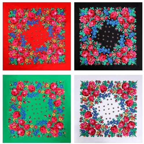 Breathffy 4 Pcs Russian Ethnic Square Hair Head Scarf Printed Polyester Flower Neck Scarf for Women