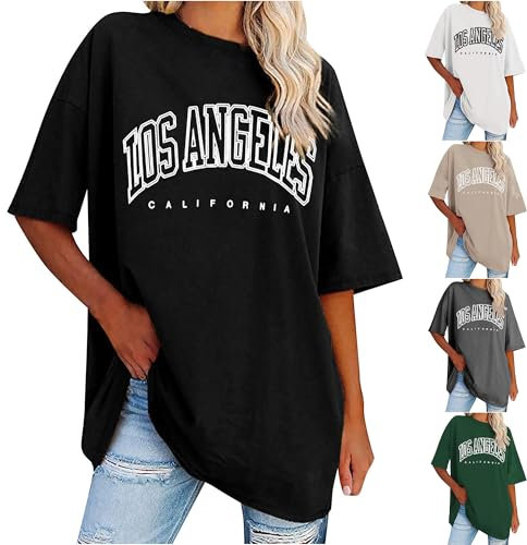 UHouse Tshirt Damen Elegant T Shirt Casual Longshirt Mode Motiv Bekleidung Los Angeles Oberteile Sommer Bluse Oberteile Frau Lockere Top Baumwolle Tee Shirts Blusen Schwarz S