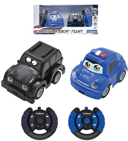Lexibook, Crosslander Twin, 2er-Set funkferngesteuerte Autos (Polizeiauto, Diebesauto), bis zu 12km/h, Sound- und Lichteffekte, 2 Fernbedienungen, Schwarz/Blau, RC12
