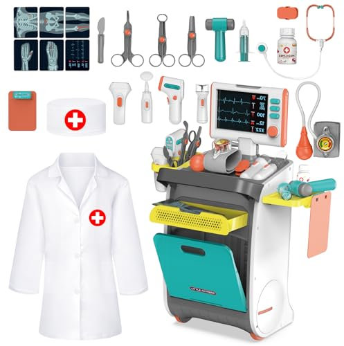 deAO Arztkittel Doktor Spielset Rollenspiel Kit, Arztwagen Arztkoffer Kinder Doktorkoffer mit Stethoskop, Thermometer, Spritze, Arzt Set, Medizinisches Spielzeug Geschenke für Kinder ab 3 (Blau)