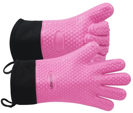 GEEKHOM BBQ Gloves Heat Resistant Oven Mitts - Silicone Grilling Gloves with 13.7 Arm Protection - Waterproof Pot Holder Non-Slip for Men & Women, Kitchen Outdoor Cooking, Baking, Camping, Pink