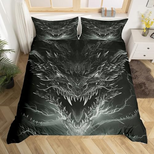 Homewish Schwarz Grau Dragon 135x200 Bettbezug,Western Fantasy Dragon Bettwäsche Set für Kinder Jungen Männer,Gothic Dragon Bett Set Gothic Schlafzimmer Dekor Vintage Bettbezug (Kein Tröster)