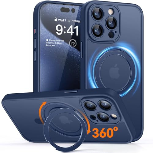 CANSHN 360° Ständer für iPhone 15 Pro Max Hülle mit Kameraschutz für Magsafe (Magnetischer Robust Standring), Matt Dunkelblau