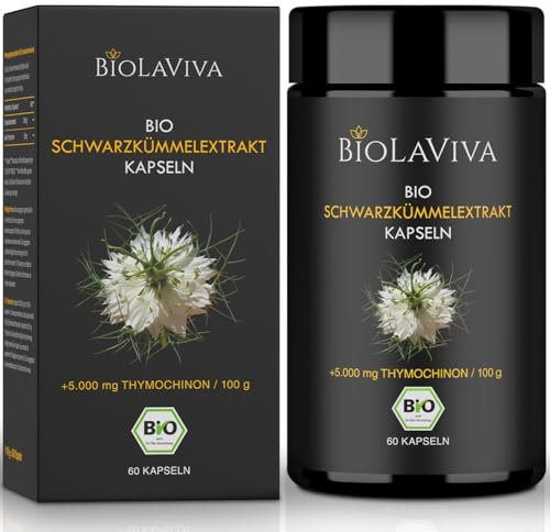 BIO Schwarzkümmelöl Kapseln - 5.000mg Thymochinon/100g - 60 Kapseln vegan im 2-Monats-Vorrat - Lichtschutz MIRON Violettglas - Nigella Sativa Extrakt – laborgeprüft und in Deutschland produziert