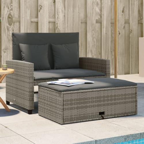 IKAYAA Rattan Lounge, Gartensofa 2 Sitzer, Balkon Lounge Klein, Gartensofa mit Hocker, Rattan Sofa mit Schlaffunktion, Gartensofa mit Hocker mit Stauraum, Balkon Couch, Grau
