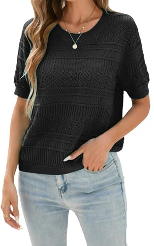 Famulily Short Sleeve Tops for Women Crew Neck Crochet Jumper Solid Color Fashion Sweaters Ladies Blouse T Shirts Black XL