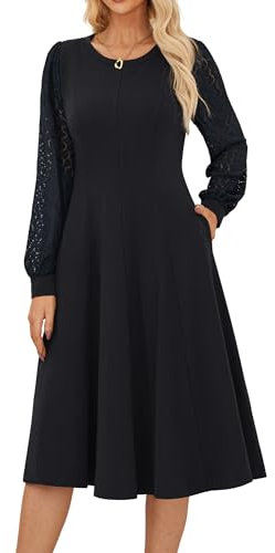 GRACE KARIN Elegant Women’s Long Sleeve Crew Neck Midi A-Line Dresses Casual Solid Formal Cocktail Dress L Black