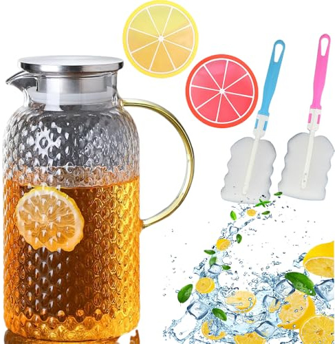 Jarra de agua de 1,8 L con tapa, jarra de vidrio para té helado, agua fría caliente, vino, café, leche y bebidas de jugo, nevera, jarra de vidrio de borosilicato con posavasos y cepillos de silicona