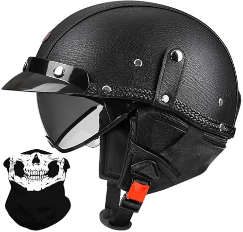 Medio Casco Moto Retro Casco Abierto Cuero Alemán, Hombres Mujeres Bike Cruiser Chopper Ciclomotor Scooter Casco Media Concha Vintage con Bufanda Desmontable, Aprobado ECE 57-64cm
