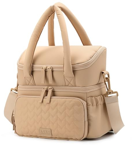 Lekespring Bolsa Termica Porta Alimentos 10 L – Funda de Algodón Suave de Doble Capa con Compartimento Exterior, Impermeable y Elegante para Mujer, para Trabajo, Universidad y Pícnic, Caqui