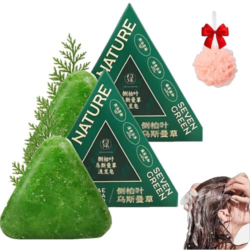 Champú en Barra Nature Triangle, Champú en Barra Nature Seven Green Soap, Jabón Sólido de Agua de Arroz Glutinoso Usman Grass, Natural, Orgánico, de Origen Vegetal (2CPS)