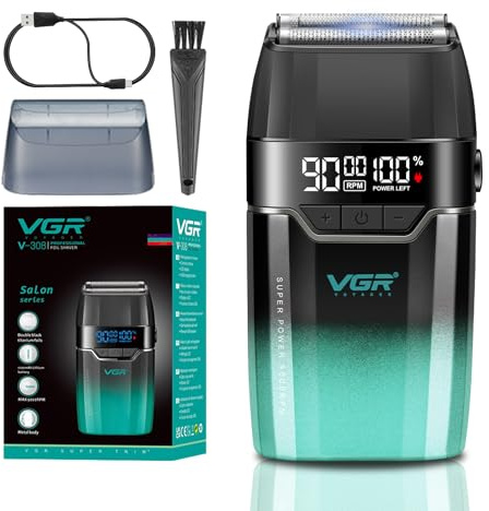 VGR 308 Afeitadora Electrica Hombre InaláMbrica, Shaver Barberia con Doble Capa de LáMina Flotante de Titanio y Motor de 9000RPM, Maquina de Afeitar Hombre Compacta con Pantalla LED, Carga USB, Verde