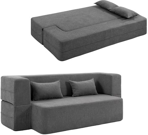 HOMCOM Canapé Convertible 2 Places Canapé-Lit Chenille 203 cm 360kg Gris | Assise et Accoudoirs Larges, 2 Coussins, Entièrement Compressé, pour Salon, Petit Espace, Aucun Assemblage Requis