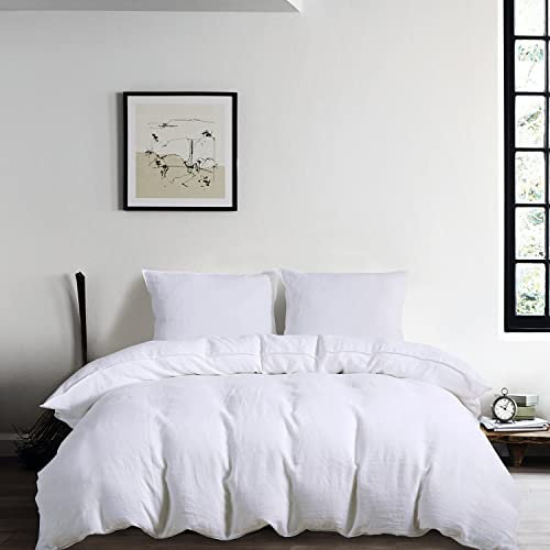 CHUFFED Leinen Bettwäsche 200×200 3teilig Bettwäsche-Sets 100% Naturleinen Bettwäsche-1 Bettbezug 200×200 cm + 2 Kissenbezug 80×80 cm mit Reißverschluss, Weich Atmungsaktiv, Weiß