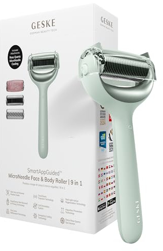 GESKE | SmartAppGuided™ MicroNeedle Face & Body Roller | 9 in 1 | Derma Roller | mit Rosenquartz- & Kühlaufsatz | Elektrisches Microneedling-Gerät | Nadelroller | Beauty Roller für Gesicht und Körper