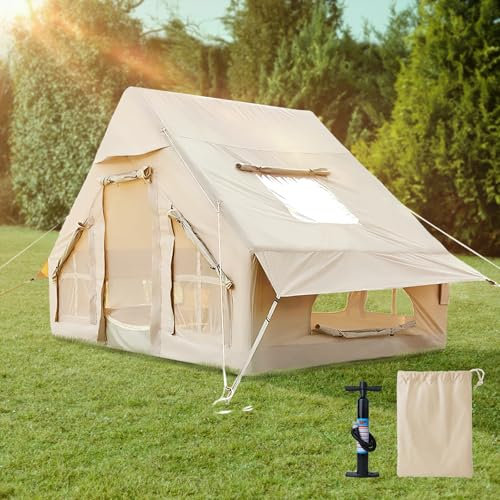 EKEPE Aufblasbares Zelt mit Pumpe, Großes Familienzelt, Einfacher Aufbau 4 Jahreszeiten Wasserdichtes Glampingzelt mit Mesh Fenstern und Schornsteinöffnung, 4 Personen Zelte für Camping,Outdoor