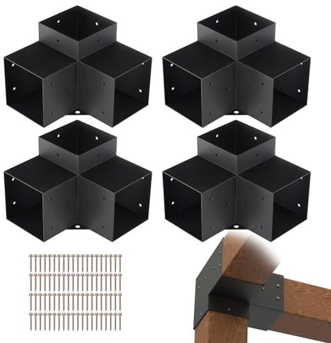 VEVOR Kit Supports de Pergola 6x6 po 15x15 cm Support de Poteau Bois de Menuiserie 4 Supports d'Angle à 3 Voies Base de Poutres Quincaillerie Bricolage pour Tonnelles, Pergolas de Terrasse, Cabanes