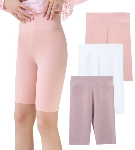 Legging Sport Gymnastique Pantalon Enfants Filles Lot de 3 Short de Yoga Taille Haute Leggings Courts pour Filles pour Yoga Course à Pied Fitness Vélo Blanc, Rose et Violet 8-9 Ans