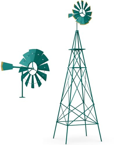 GiantexUK Garden Metal Windmill, 8FT Ornamental Wind Mill, Garden Decoration Weather Vane for Farm, Backyard and Patio (Blue-green, More X-braces)