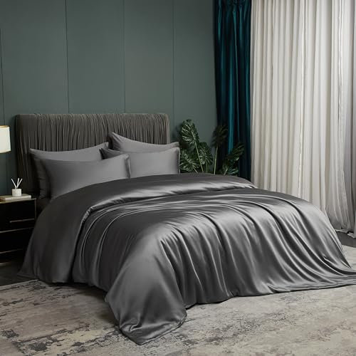 Bamboo Bed Linen Grey Dark Grey 135 x 200 cm Smooth Luxury Summer Bed Linen Breathable Cooling Bamboo Fibre Bed Linen Set Soft Single Bed Duvet Cover with Zip and 1 Pillowcase 80 x 80 cm