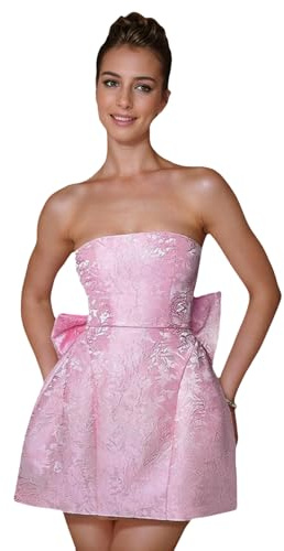 JUMISEE Embroidery Satin Homecoming Dress with Bow Modest Strapless Mini Dresses A Line Short Prom Dress Party Gown Pink