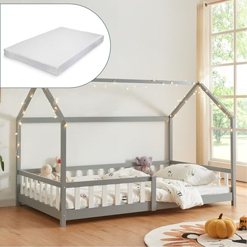 [en.casa] Kinderbett Hesel Hausbett mit Matratze 140 x 200 cm Grau mit Rausfallschutz und Lattenrost Montessori Bodenbett Jugendbett Holzbett
