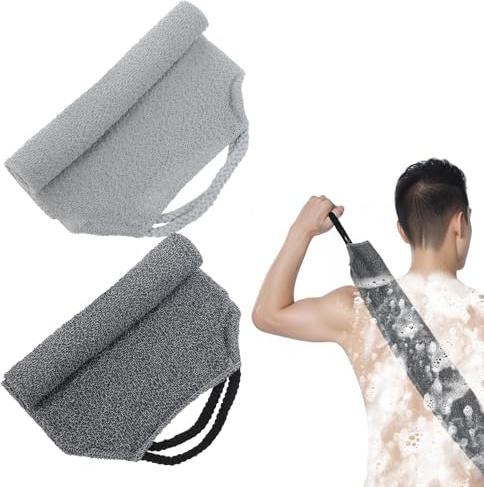 TIESOME 2 ryggskrubb, peelinghandske bär ryggborste peeling handduk för dusch dubbelsidig ryggskrubb tvättlapp med handtag kroppsskrubb rygg tvätthjälpmedel (svart + grå)
