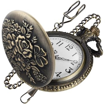 Realpoo Bronze Solid Face Flower Quartz Men's Pocket Watch, Arabic Numeral Dial with Chain Pocket Watch for Men