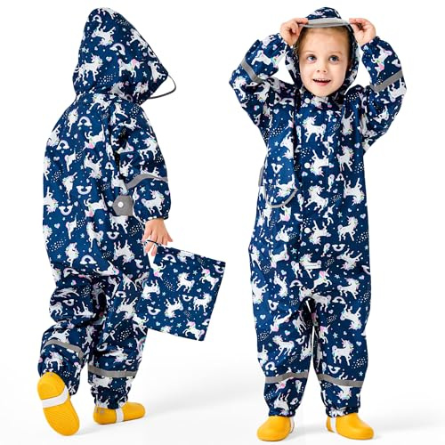 Baogaier Impermeables para Niñas Chubasqueros Chaquetas Ligero Capa de Lluvia Encapuchado Mono de Bolsillo Estampados Reflectante Abrigos Impermeable Ropa Niños 3-5 años, Caballo Azul marino