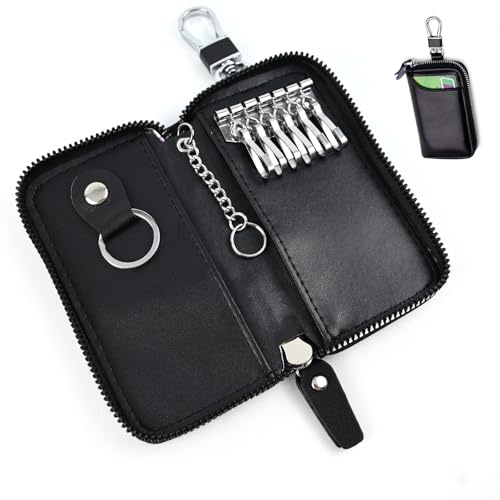 Funda Llaves de Llave,Cuero Estuches de Llave,Multifuncional Cartera Llavero con Cremallera de Gran Capacidad y Gancho Portallaves de Piel para Hombre y Mujer (Negro) Portachiavi in Pelle