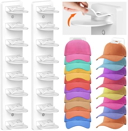 Eiito Hat Organizer for Baseball Caps, 2 Pack Strong Adhesive Hat Rack for Wall, Multilayer Hat Storage Display Holder, Wall Mounted Hat Hooks Hold up to 16 Hats for Closet Door and Bedroom (White)