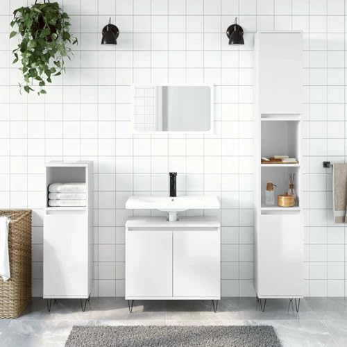 Ziaphsol Badskåp, högglansigt vitt, 58 x 33 x 60 cm, trämaterial, hållbart undertvättställsmöbler, industriell stil, badrumsförvaring