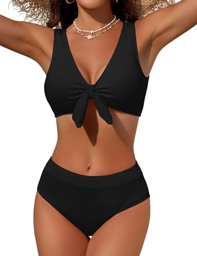 Svanco Maillot de Bain Femme 2 Pièces Gainant, Bikini Texturé avec Nœud Devant, Bas Taille Haute Ventre Plat, Confortable et Élégant pour la Plage et la Piscine
