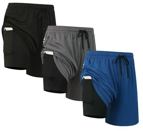 fovdtaa Pack de 3 Shorts de Sport pour Hommes, Shorts 2-en-1, Séchage Rapide, Gym, Course, Entraînement, Vêtements d'Activewear, Shorts de Course pour Hommes avec Poches, XL