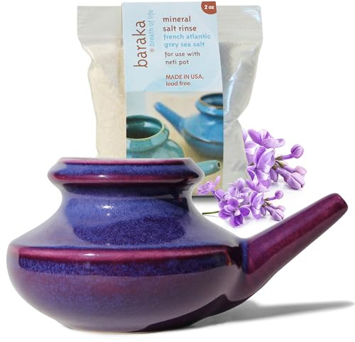 Baraka USA Ceramic Neti Pot w/ 2oz Mineral Sea Salt – Saline Nasal Rinse for Seasonal Congestion, Nasal Flush for Sinus Relief, Dishwasher Safe, Lightweight & Easy to Use - No Box Starter Kit (Purple)