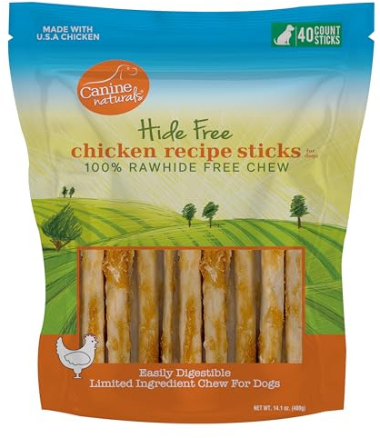 Canine Naturals Chicken Recipe Chew - Rawhide Free Dog Treats - Made From USA Raised Chicken - All-Natural and Easily Digestible - 40 Pack of 5 Inch Stick Chews