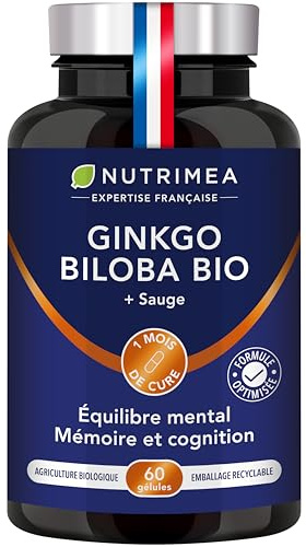 GINKGO BILOBA - Complexe Mémoire & Concentration BIO - Booste les Performances Cérébrales - Sauge BIO - 60 Gélules Vegan - Nutrimea - Fabrication Française