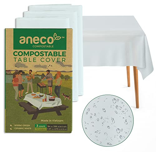 ANECO 100% Compostable Tablecloths for Rectangle Tables (54''x108'', 3 Count) - White Disposable Rectangular Tablecloth - Anti-Plastic Table Cover for Outdoor, Party, Picnic, Wedding