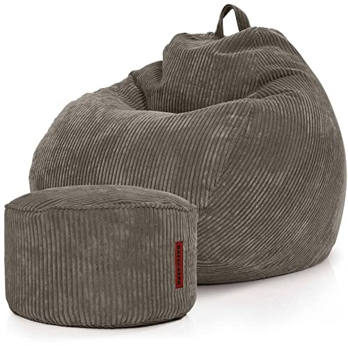 Green Bean© Set da 2 Poltrona a sacco XXL da interno + Pouf con imbottitura in perle EPS - Poggiapiedi Sgabello Cuscino per pavimento Sedia Cuscino per sdraiarsi sedersi - Antracite