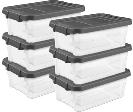 Sterilite 6-Pack Modular Stacker Box, Durable Clear Plastic Storage Bins with Latching Lids, 16 Quart - Stackable Organizing Container Boxes for Closet, Bathroom, and Office