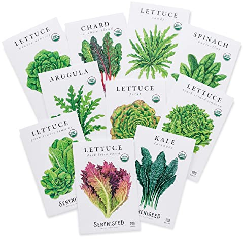 Sereniseed Certified Organic Leafy Greens Lettuce Seeds Collection (10-Pack) – 100% Non GMO, Open Pollinated – Grow Guide