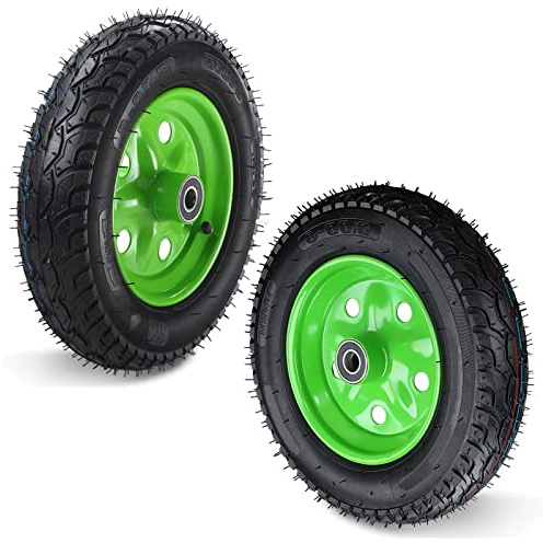 LIGUOYI 14 Inch Pneumatic Wheel 2 Pcs Wheelbarrow Replacement Tires, Mute Rubber Wheels Centre Double Ball Bearing, Highly-Elastic/Shock Absorption/Wearresistant/Green Rim 1100Lbs Capacity