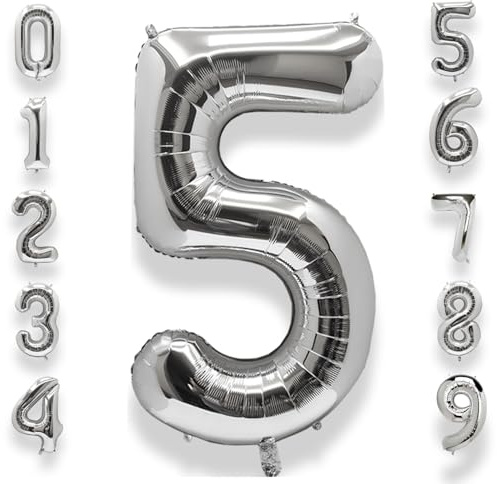 AULE Silver Number 5 Balloon 40 Inch Giant 0-60 Foil Large Balloons | Big Mylar 5 Number Balloon Helium Huge Jumbo for Happy 5th Birthday Party Anniversary Decorations Supplies