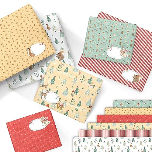 Papierdrachen 6 Bögen Weihnachts Geschenkpapier 70x50cm hochwertig bedruckt - 6 verschiedene Designs auf 100g/m² Papier - Motiv Winterwald - Geschenke stilvoll verpacken