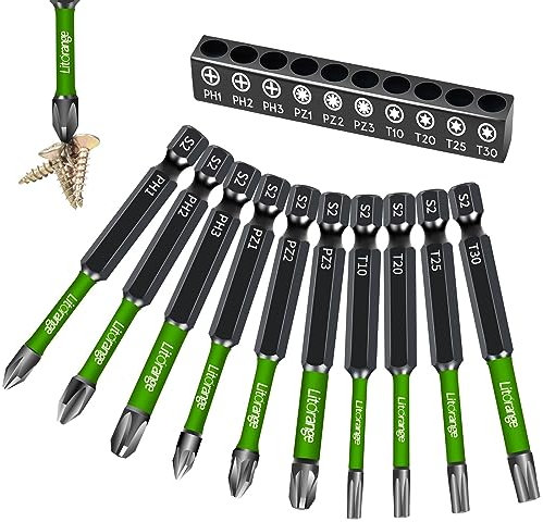 Litorange 70mm langer Schraubendreher Bit Set,10 Stück Bitsatz mit starkem Magnetkopf,1/4 Sechskantschaft,Phosphid Schwarz Schlagschrauber Bits