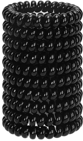 JessLab Spiral Hair Ties, 10 Pcs No-Damage Elastic Bands, Bobbles for Women | Glossy Black, Small Clear Coils for Thick or Fine Ponytails, Kids and Girls, Water-Resistant for Swimming, Gym, School