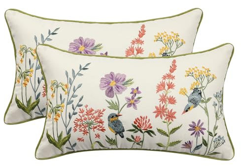 Tosleo 2er Set Kissenbezug Stickerei 30x50cm Kissenhülle Bunte Blumen Vogel Kissen Baumwolle Leinen kissenhüllen für Schlafzimmer Wohnzimmer Büro Garten Sofa Bauernhaus Automobil